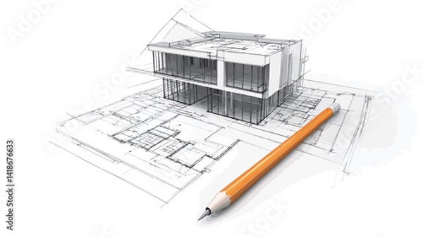 Fototapeta The image showcases a detailed architectural design concept. A grayscale 3D model of a two-story house is centrally positioned, exhibiting a wireframe style, suggestive of structural elements