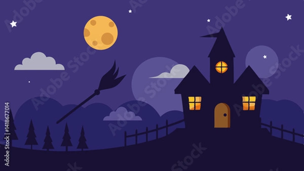 Obraz Magical Halloween Night Background with Broomstick