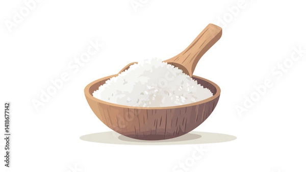 Fototapeta Close-up macro shot of a small, shallow wooden bowl filled with a significant amount of fine, white, granular substance. The substance exhibits a uniform texture with subtle variations in light