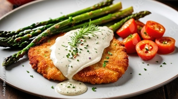 Fototapeta Crispy breaded chicken schnitzel topped with creamy sauce, garnished with fresh herbs, alongside vibrant asparagus and lemon wedges on a plate