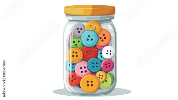 Fototapeta A digitally rendered illustration showcases a transparent glass jar with a yellow lid filled with a diverse collection of colorful buttons. The buttons exhibit variations in size