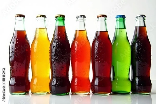 Fototapeta Close-up of assorted soda bottles with condensation, on white background, variety, refreshment, beverages