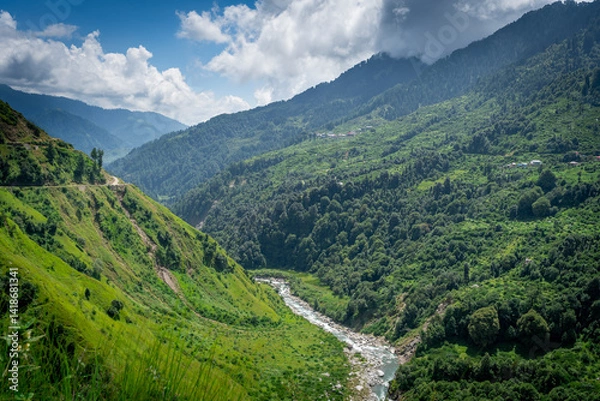 Obraz Beautiful landscape of Barot valley. It is situated in  valley formed by the Uhl River, part of the Dhauladhar range of the Himalayas. It is near to Bir Biling which is famous for Paragliding in India