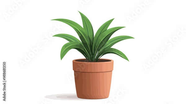 Fototapeta A digitally rendered illustration showcases a potted houseplant against a stark white background.  The plant features vibrant, intensely saturated green foliage with long