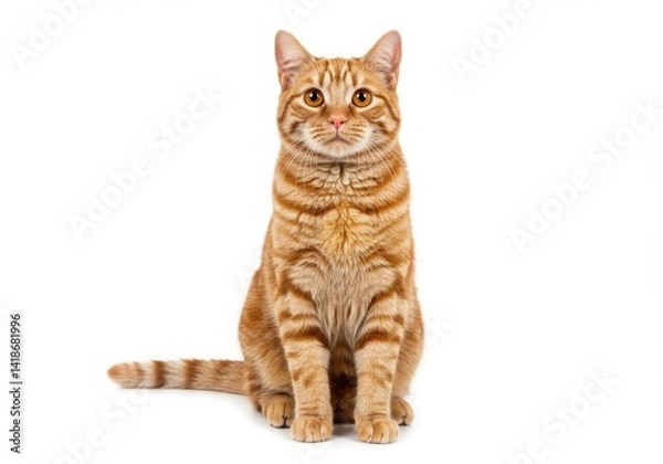 Obraz Orange tabby cat sitting upright on white background