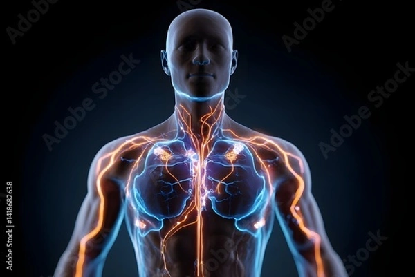 Obraz A man's body is lit up with blue and orange lights