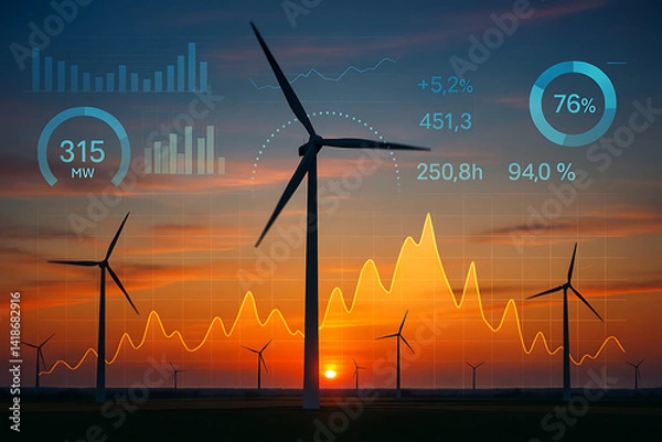 Fototapeta wind turbines at sunset generating renewable energy with futuristic data charts graphs and statistics overlay showing electricity output performance and sustainability analytics in rural landscape