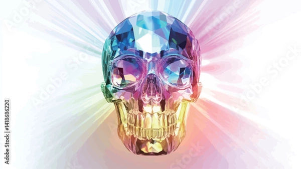 Fototapeta The image showcases a detailed rendering of a human skull, meticulously crafted to appear as if sculpted from a multifaceted gemstone.  The skull is predominantly rendered in iridescent hues