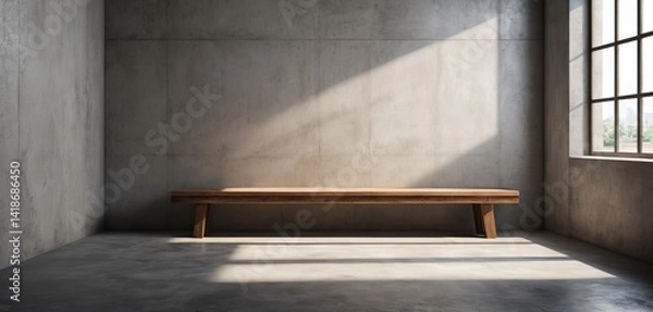 Fototapeta An old wooden bench for product display sits in the empty room with a grunge wall and floor, a vintage style interior with nobody around