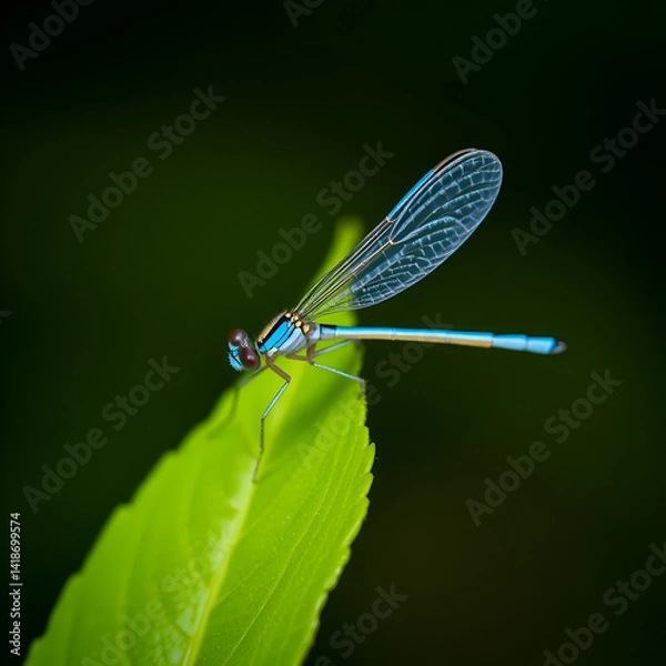 Obraz common blue damselfly fly on leaf
