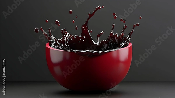Fototapeta A vibrant red bowl splashing dark liquid against a minimalist black backdrop, creating dynamic motion