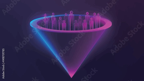 Fototapeta A 3D rendering of a stylized funnel, rendered with a vibrant gradient of purple and blue neon lighting. The funnel's interior is illuminated, showcasing a cluster of small, stylized human figures