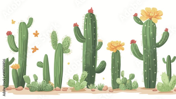 Fototapeta A vibrant digital illustration showcases a collection of various cacti in varying heights and blossoming with yellow and red flowers. The cacti are rendered in a painterly style with visible