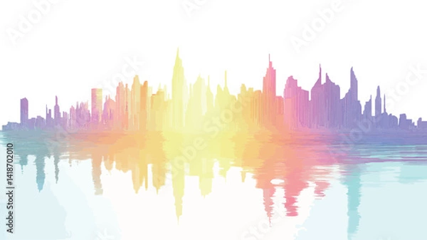 Fototapeta The image showcases a stylized silhouette of a city skyline rendered in a vibrant palette of pastel rainbow hues.  The buildings are depicted in a simplified, almost painterly manner,