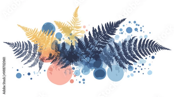 Fototapeta The image showcases a stylized composition of fern fronds rendered in shades of deep blue, muted yellow, and pale orange. The ferns are depicted in an abstract manner