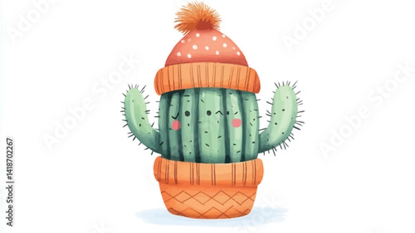 Fototapeta A digital illustration in a watercolor style depicts a cartoon cactus wearing a knitted orange and red hat with a fluffy pom-pom and an orange sweater. The cactus has a simplified, friendly face