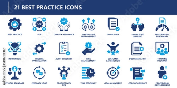 Obraz Best practice icons pack in solid style including SOP, compliance, audit checklist, risk management, time efficiency, documentation, and training.