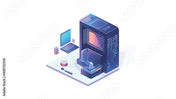 Fototapeta The image presents a stylized isometric illustration of a modern workstation.  The dominant element is a dark-toned, vertically oriented desktop computer tower rendered with a gradient of deep