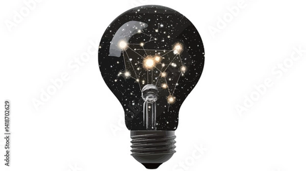 Fototapeta Close-up studio shot of a decorative light bulb. The bulb is spherical with a black glass exterior featuring a speckled pattern reminiscent of a night sky.  Within the glass, small, warm-toned LED