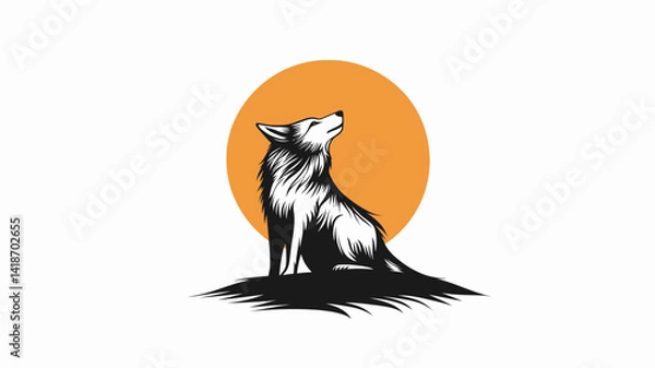 Fototapeta The image is a stylized vector illustration depicting a wolf in a sitting position, its head tilted upwards, seemingly howling at a large, stylized orange circle representing the moon