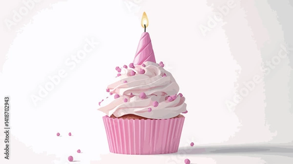 Fototapeta A high-key, close-up studio shot of a single pink cupcake adorned with a swirl of white frosting, pink sprinkles, and a small, spiraled pink candle shaped like a unicorn horn