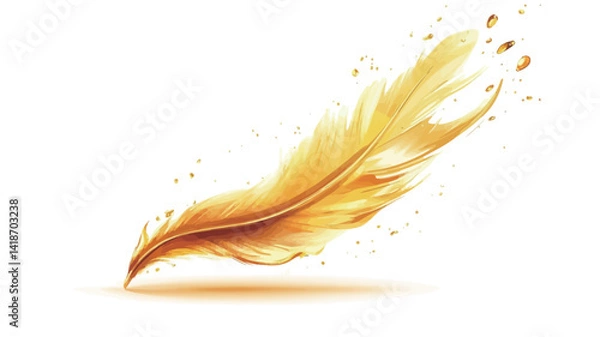 Fototapeta A digital illustration depicting a stylized golden feather rendered with a watercolor-like effect. The feather exhibits a fluid, flowing form, with the gold tones graduating in intensity