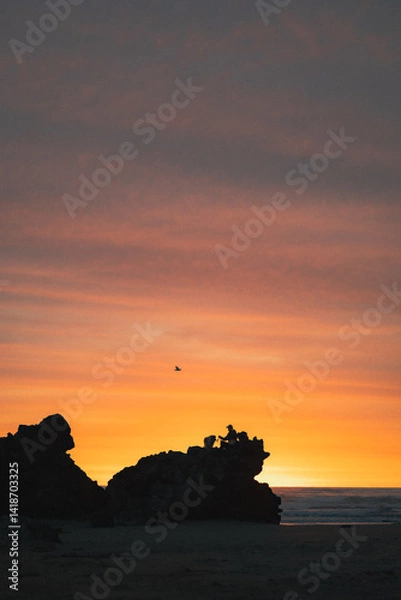 Obraz Silhouette of a person sitting on a rock at the beach during a beautiful orange sunrise.