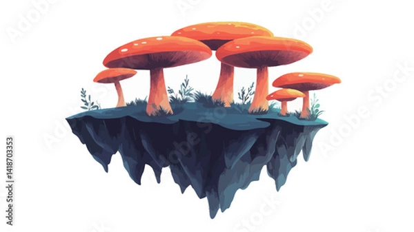 Fototapeta This digital illustration showcases a cluster of vibrant red mushrooms sprouting from a small, dark-hued, floating island against a stark white background.  The mushrooms exhibit a smooth