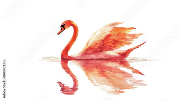 Fototapeta A digital watercolor painting depicts a stylized swan, rendered in warm shades of orange and red.  The swan's posture suggests a moment of stillness; its wings appear partially extended