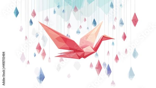 Fototapeta The image showcases a stylized origami crane rendered in a low-poly aesthetic, predominantly in shades of red and orange.  The crane is centrally positioned against a white background