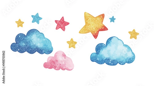 Fototapeta The image showcases a whimsical arrangement of hand-painted watercolor clouds and stars against a stark white background.  The clouds are rendered in varying shades of light blue and pink