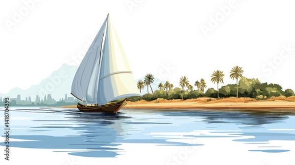 Fototapeta A digital painting depicts a wooden sailboat with white sails navigating calm, pale blue water towards a sandy shore. The shoreline is characterized by a cluster of dark green palm trees