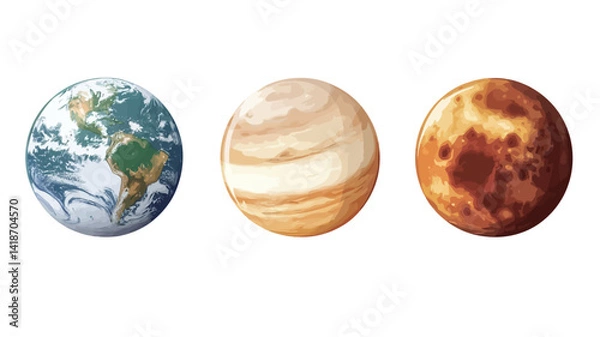 Fototapeta A digital illustration showcases three planets: Earth, Jupiter, and Mars.  Earth is depicted with realistic detail, showing continents and oceans in shades of blue, green, and brown