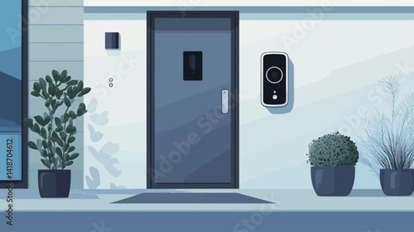 Fototapeta The illustration depicts a stylized, minimalist exterior view of a modern home's entrance.  The color palette is muted, featuring predominantly light blues and grays. A dark gray