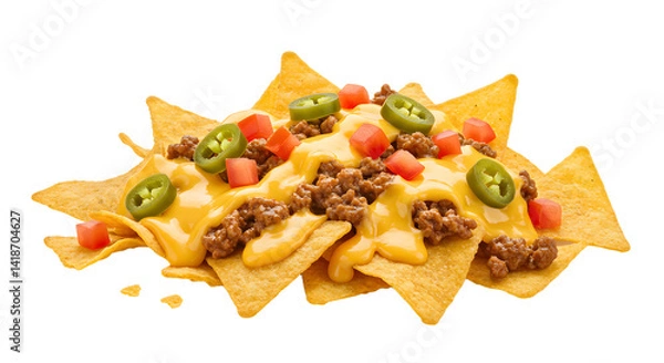 Fototapeta A vibrant plate of nachos topped with melted cheese, ground beef, jalape?os, and diced tomatoes, perfect for parties
