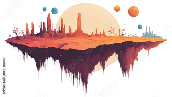 Fototapeta A digitally rendered illustration depicting a surreal floating island. The island's topography features stylized, almost eroded, rock formations in warm hues of orange, red, and purple