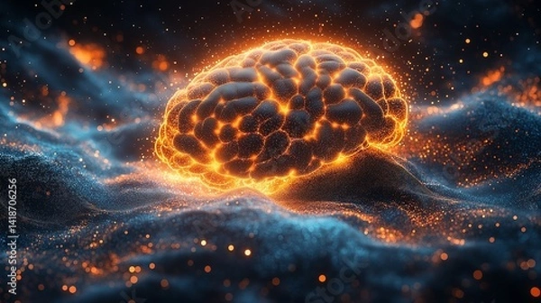 Fototapeta Abstract human brain made of glowing particles floating on a plain background high resolution,generative ai illustration