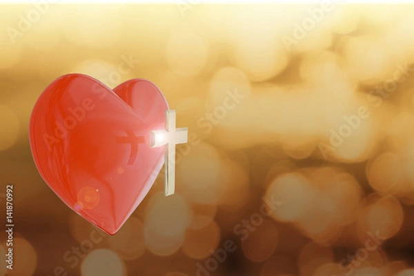 Fototapeta 3D rendering of heart with golden cross on abstract background with copy space