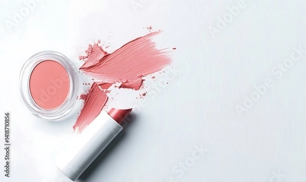 Fototapeta A vibrant pink lipstick rests against a white background, showcasing its broken stick and soft pastel smudges of red and purple 