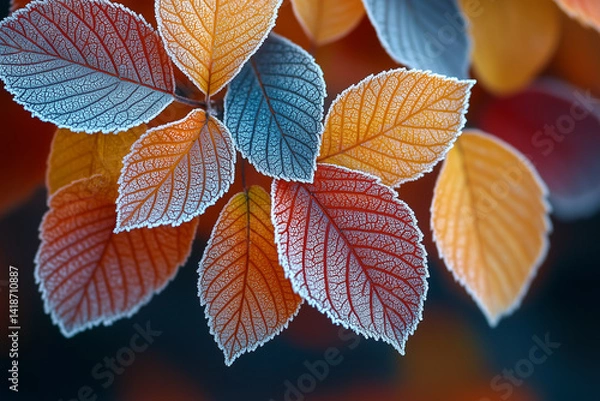 Fototapeta A close-up of frost forming on the edges of leaves