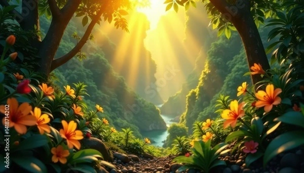 Obraz Golden sunlight streams through lush jungle foliage, illuminating vibrant flowers , rainforest, nature, dew