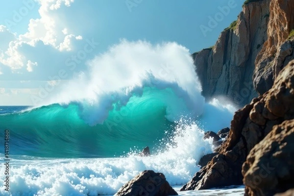 Obraz Giant wave crashes on rugged cliffs, sea spray explodes , power, wild, epic