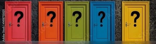 Fototapeta Colorful doors with question marks representing the challenging decision making process of choosing the right career path amid uncertainties and fears of missing better options, 