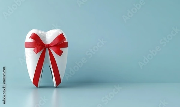 Fototapeta A white molar shaped like a gift decorated with a red ribbon set against a light blue background, perfect for marketing ideas 