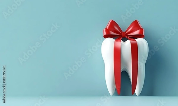 Fototapeta A white molar shaped like a gift decorated with a red ribbon set against a light blue background, perfect for marketing ideas 