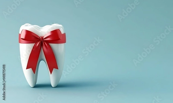 Fototapeta A white molar shaped like a gift decorated with a red ribbon set against a light blue background, perfect for marketing ideas 