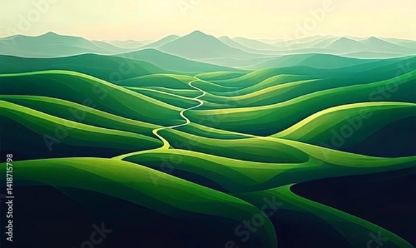 Fototapeta Green rolling hills landscape in a minimalist abstract style. 