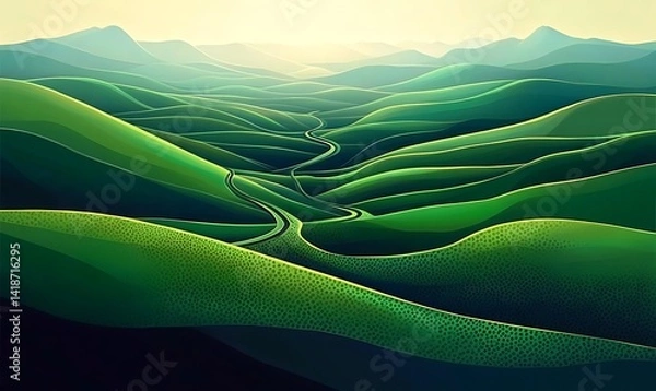 Fototapeta Green rolling hills landscape in a minimalist abstract style. 