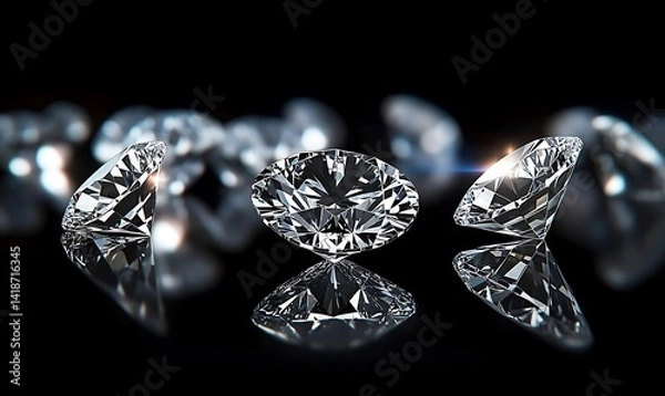 Fototapeta Expensive cut diamonds arranged in front of a black background, with reflections on the ground, to accentuate the brilliance of the diamonds. , 