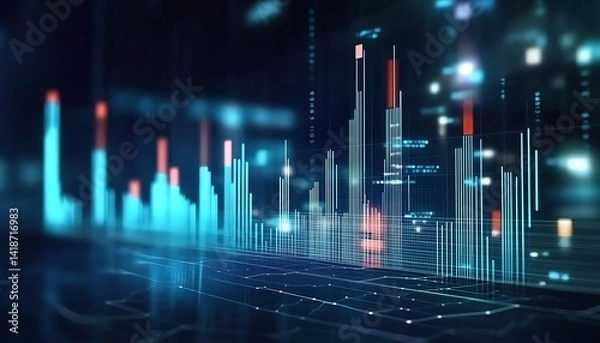 Fototapeta Perspective view of stock market growth business investing and data concept with digital financial chart graphs diagrams and , 